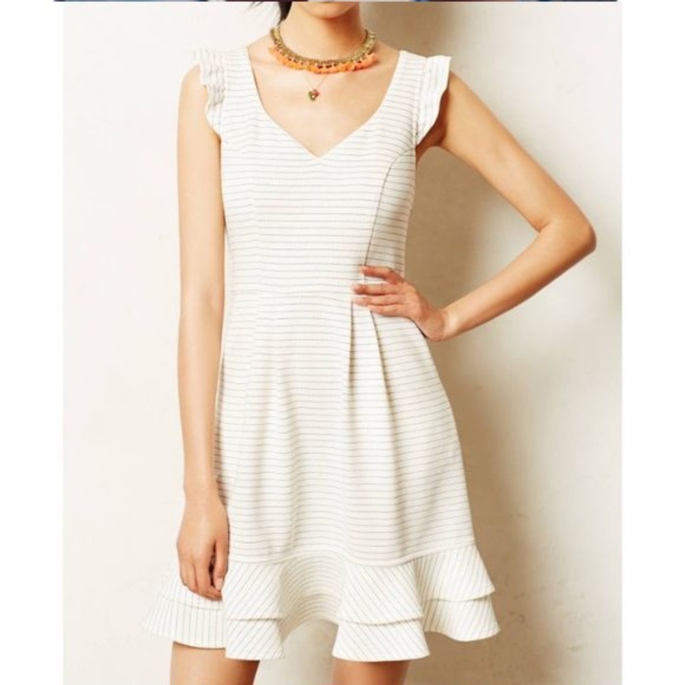 Anthropologie Mauve Sunland Dress Women 8P White Black Stripe Ruffle Fit&Flare